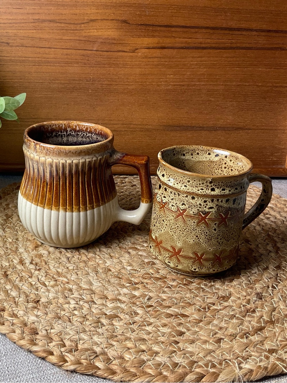 Vintage Rustic Stoneware Coffee Mug Pair Speckled Brown Ceramic Mugs Unmarked